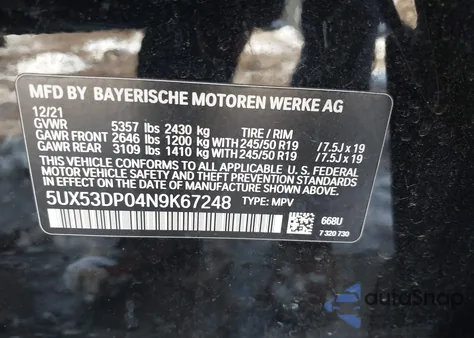 2022 BMW X3 xDrive30I from USA, damaged, VIN 5UX53DP04N9K67248